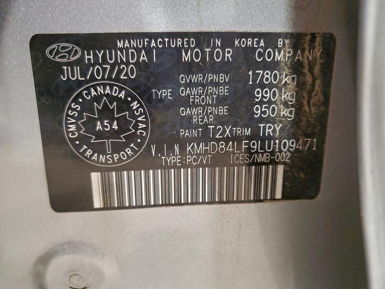 2020 Hyundai Elantra Sel VIN: KMHD84LF9LU109471 Lot: 94783375