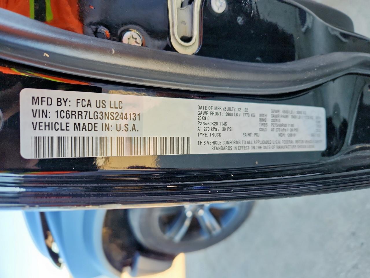 2022 Ram 1500 Classic Slt VIN: 1C6RR7LG3NS244131 Lot: 91028115