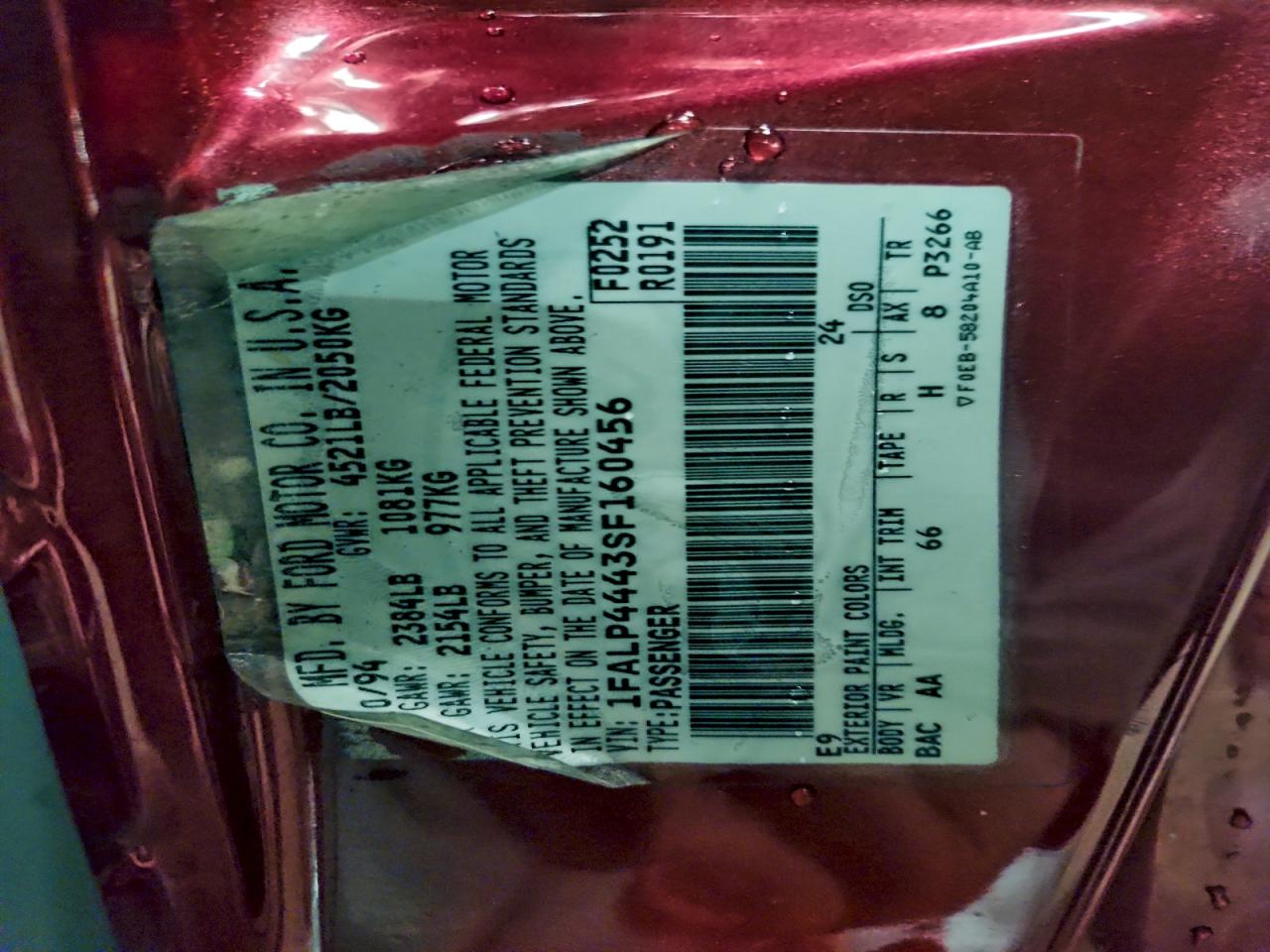 1995 Ford Mustang VIN: 1FALP4443SF160456 Lot: 93851725