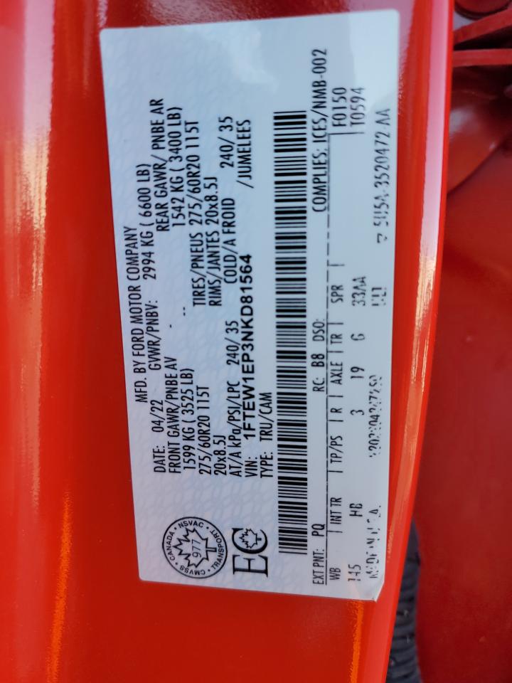 2022 Ford F150 Supercrew VIN: 1FTEW1EP3NKD81564 Lot: 91886085