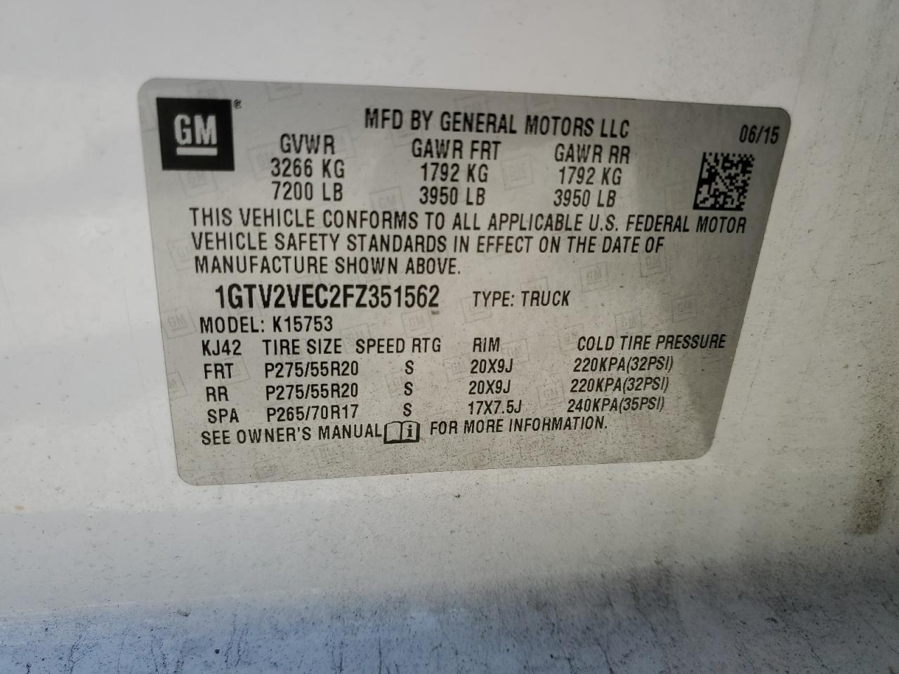 2015 GMC Sierra K1500 Slt VIN: 1GTV2VEC2FZ351562 Lot: 93260925