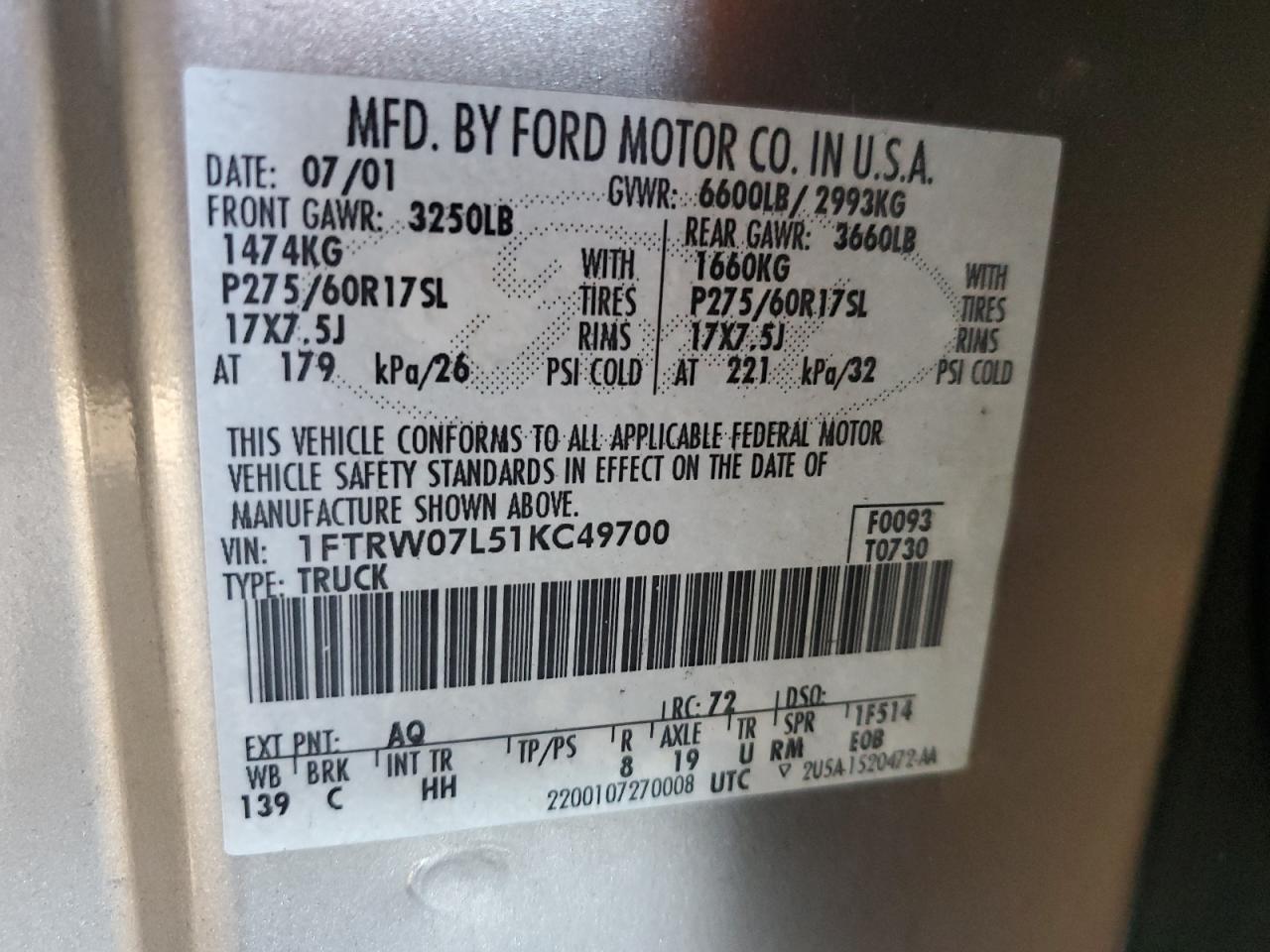 2001 Ford F150 Supercrew VIN: 1FTRW07L51KC49700 Lot: 91671435