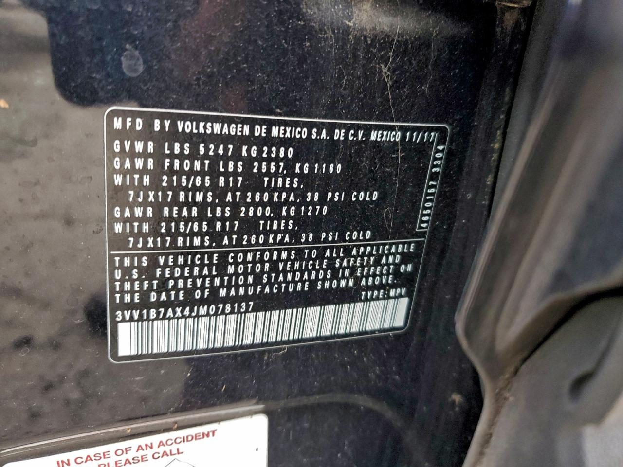 2018 Volkswagen Tiguan S VIN: 3VV1B7AX4JM078137 Lot: 94279365