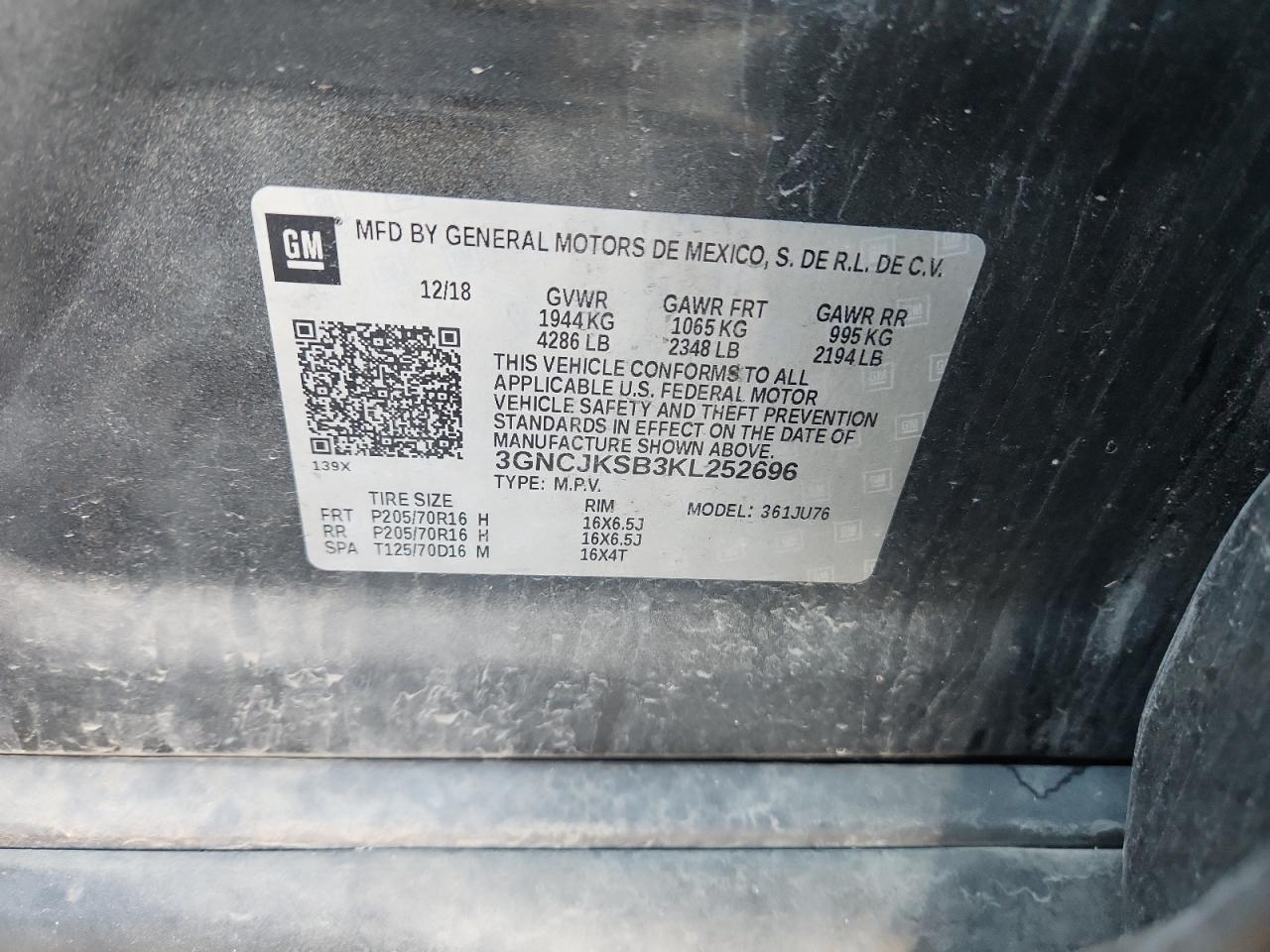 2019 Chevrolet Trax Ls VIN: 3GNCJKSB3KL252696 Lot: 92504795