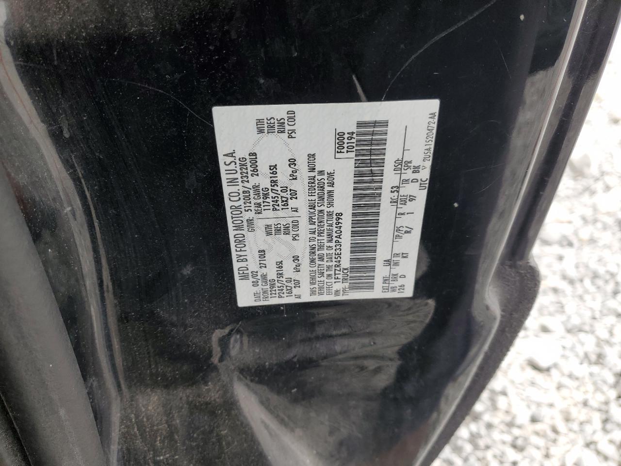 2003 Ford Ranger Super Cab VIN: 1FTZR45E33PA04998 Lot: 93728885