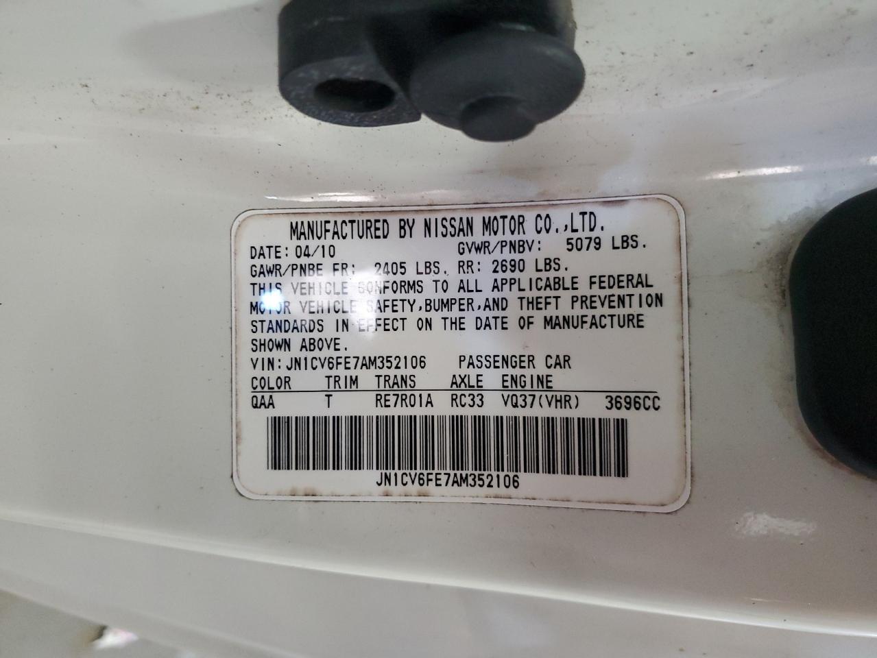 2010 Infiniti G37 Base VIN: JN1CV6FE7AM352106 Lot: 92077425