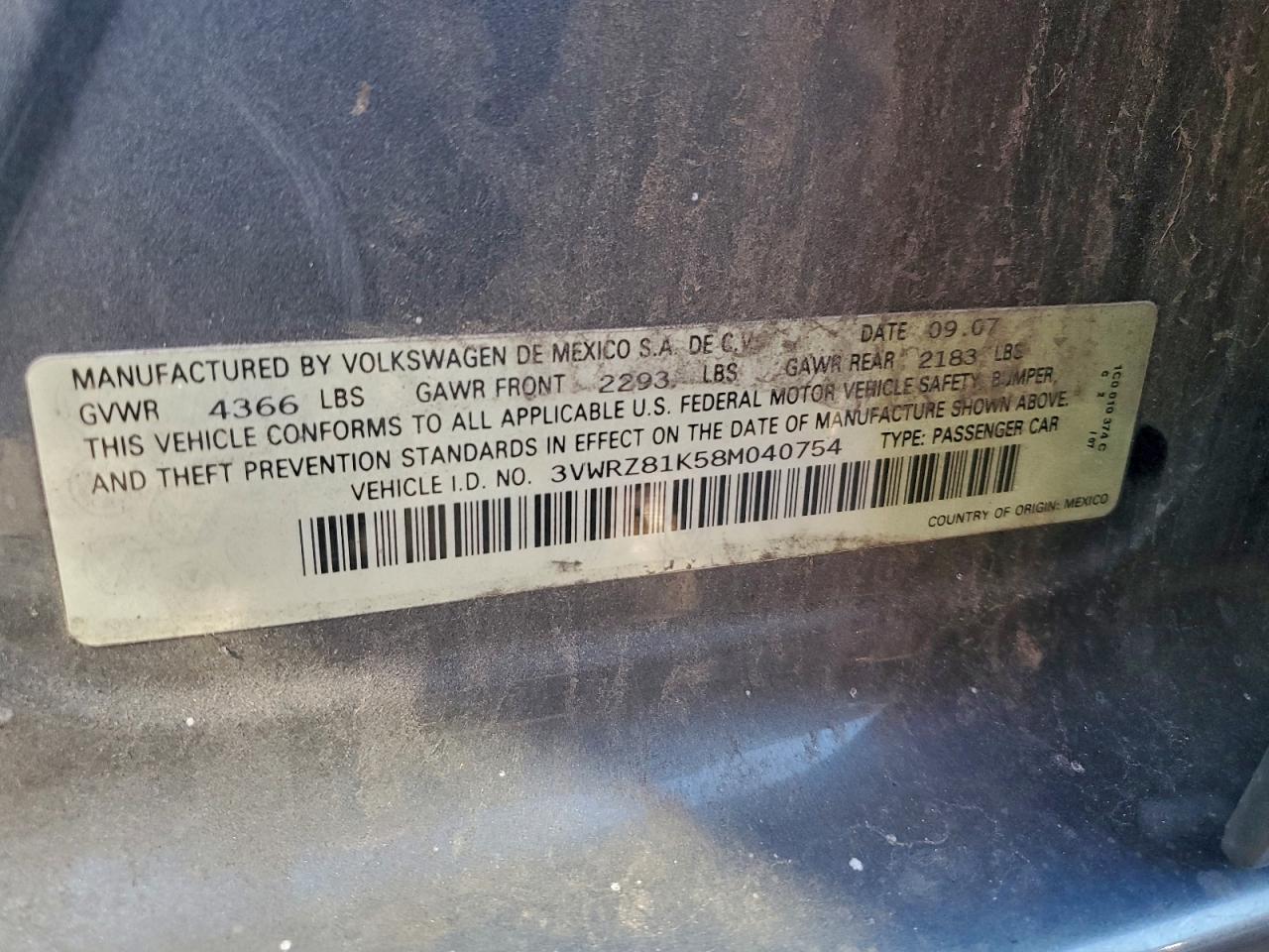 2008 Volkswagen Jetta Se VIN: 3VWRZ81K58M040754 Lot: 94730375