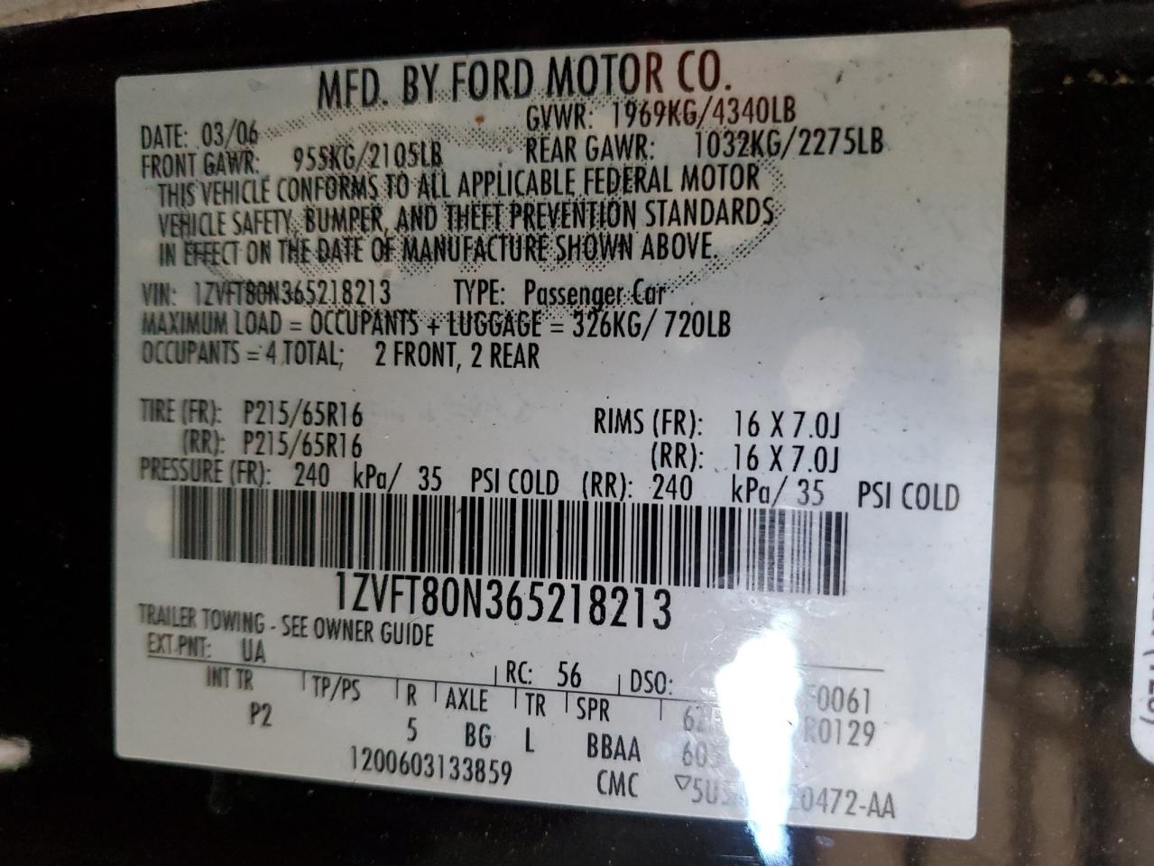 2006 Ford Mustang VIN: 1ZVFT80N365218213 Lot: 93441445