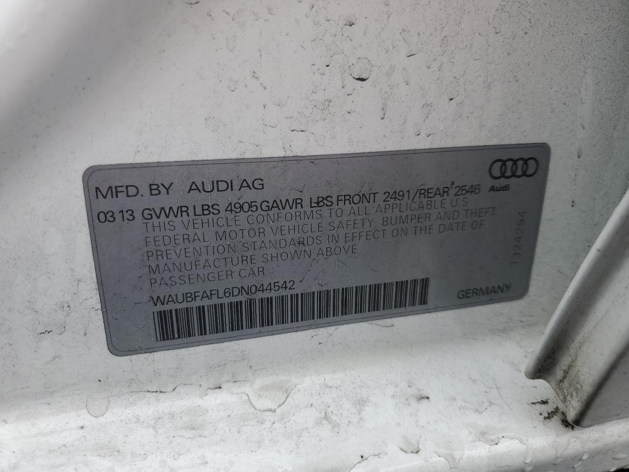 2013 Audi A4 Premium VIN: WAUBFAFL6DN044542 Lot: 91672575