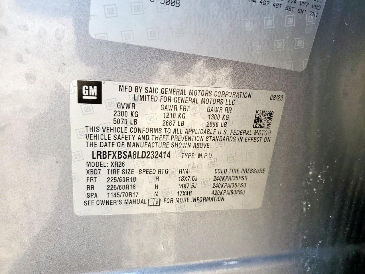 2020 Buick Envision Preferred VIN: LRBFXBSA8LD232414 Lot: 91327845