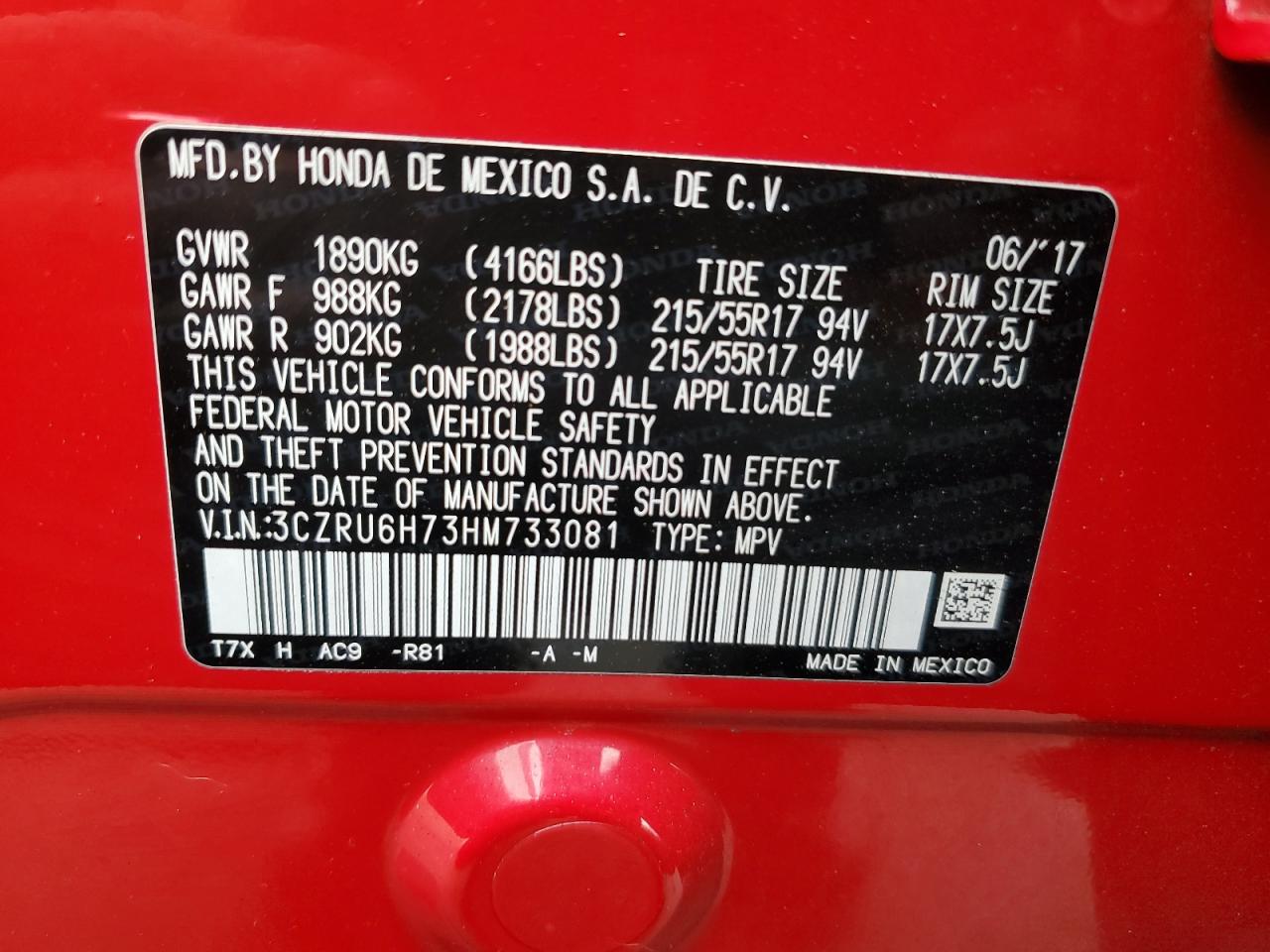 2017 Honda Hr-V Exl VIN: 3CZRU6H73HM733081 Lot: 91280615