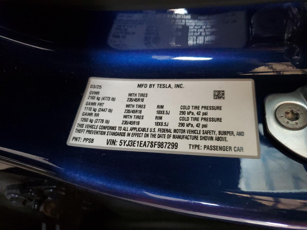 2025 Tesla Model 3 VIN: 5YJ3E1EA7SF987299 Lot: 92809945