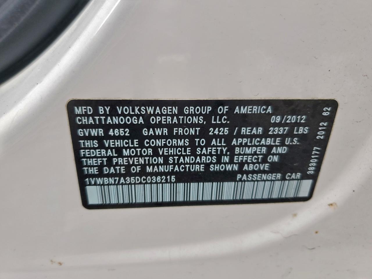 2013 Volkswagen Passat Se VIN: 1VWBN7A35DC036215 Lot: 94050415