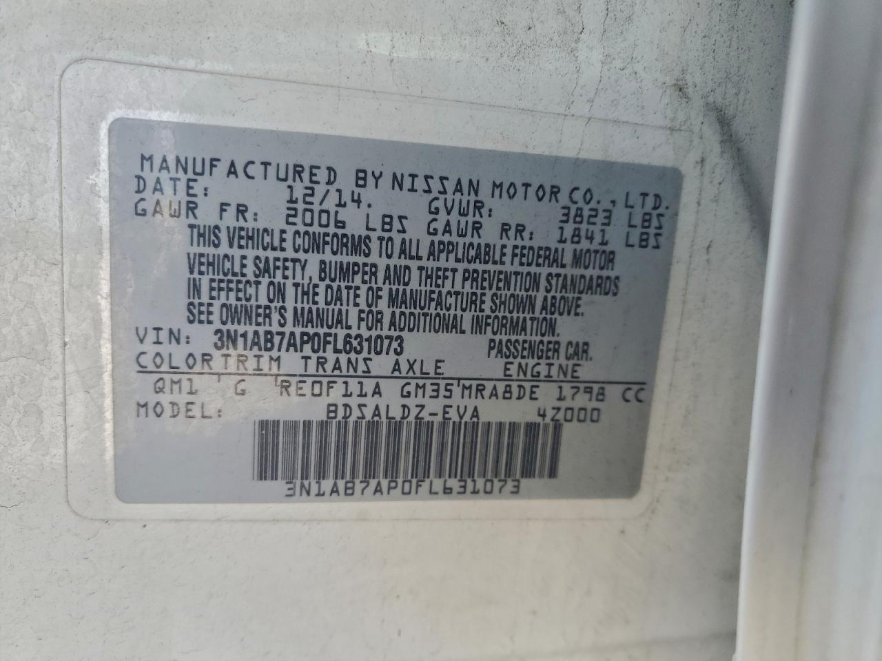 2015 Nissan Sentra S VIN: 3N1AB7AP0FL631073 Lot: 93961185