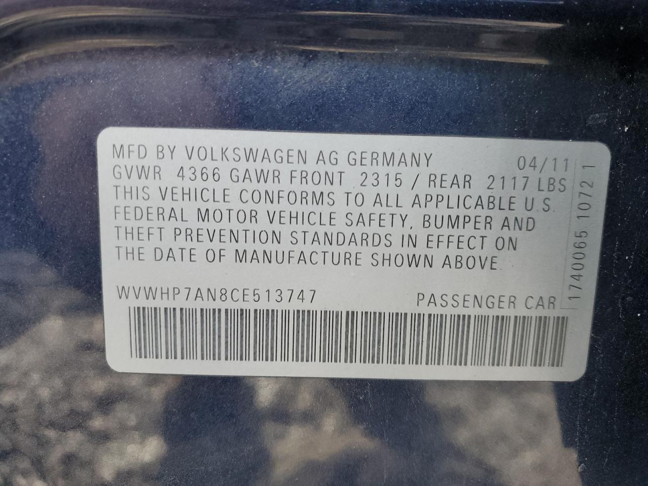 2012 Volkswagen Cc Luxury VIN: WVWHP7AN8CE513747 Lot: 93644795