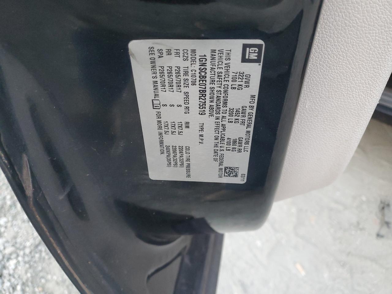 2011 Chevrolet Tahoe C1500 Lt VIN: 1GNSCBE07BR275519 Lot: 93618525