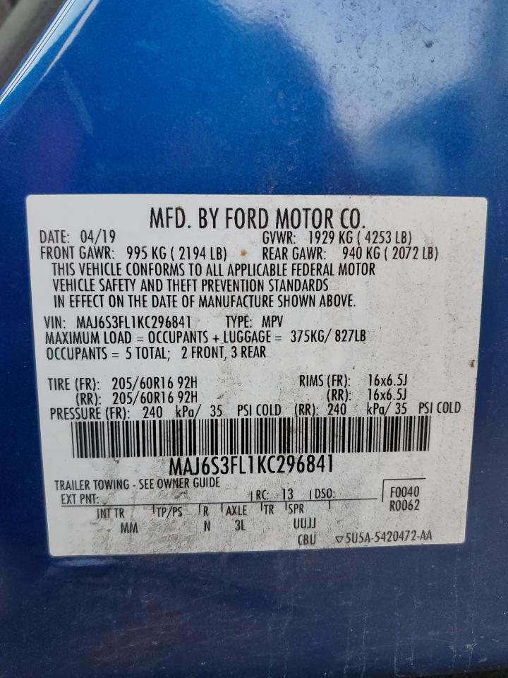 2019 Ford Ecosport S VIN: MAJ6S3FL1KC296841 Lot: 91465455