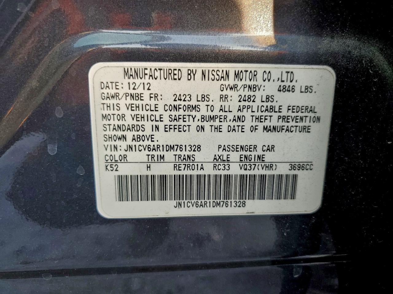 2013 Infiniti G37 VIN: JN1CV6AR1DM761328 Lot: 93708205