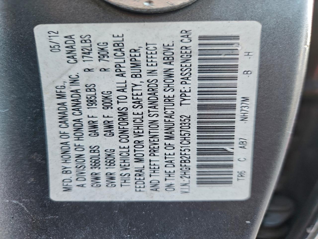 2012 Honda Civic Lx VIN: 2HGFB2F51CH570352 Lot: 94369045