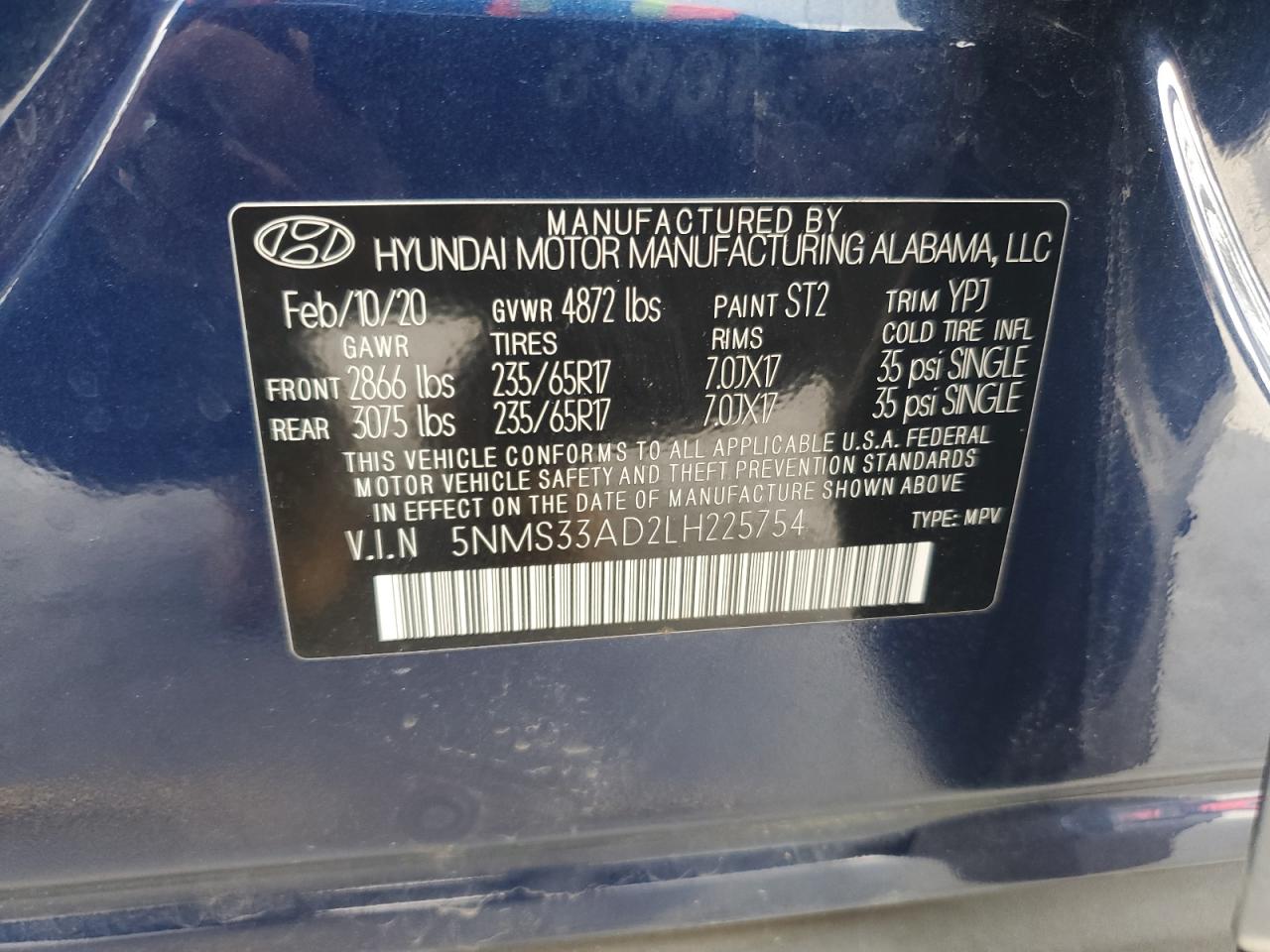 2020 Hyundai Santa Fe Sel VIN: 5NMS33AD2LH225754 Lot: 92254895