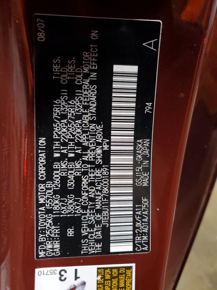 2008 Toyota Fj Cruiser VIN: JTEBU11F78K001891 Lot: 93501145