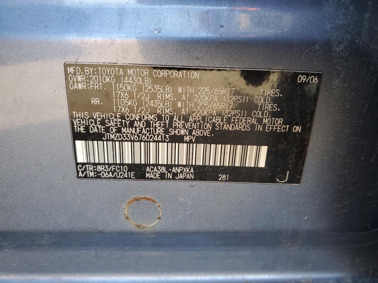 2007 Toyota Rav4 VIN: JTMZD33V676024413 Lot: 92434025