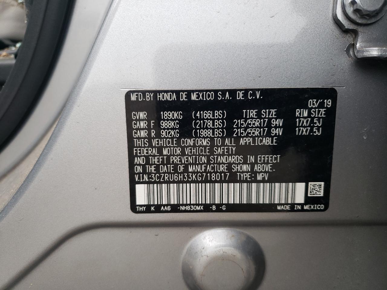 2019 Honda Hr-V Lx VIN: 3CZRU6H33KG718017 Lot: 91037305