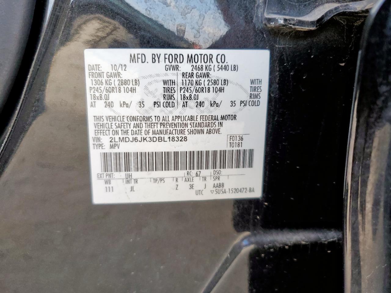 2013 Lincoln Mkx VIN: 2LMDJ6JK3DBL18328 Lot: 93588725