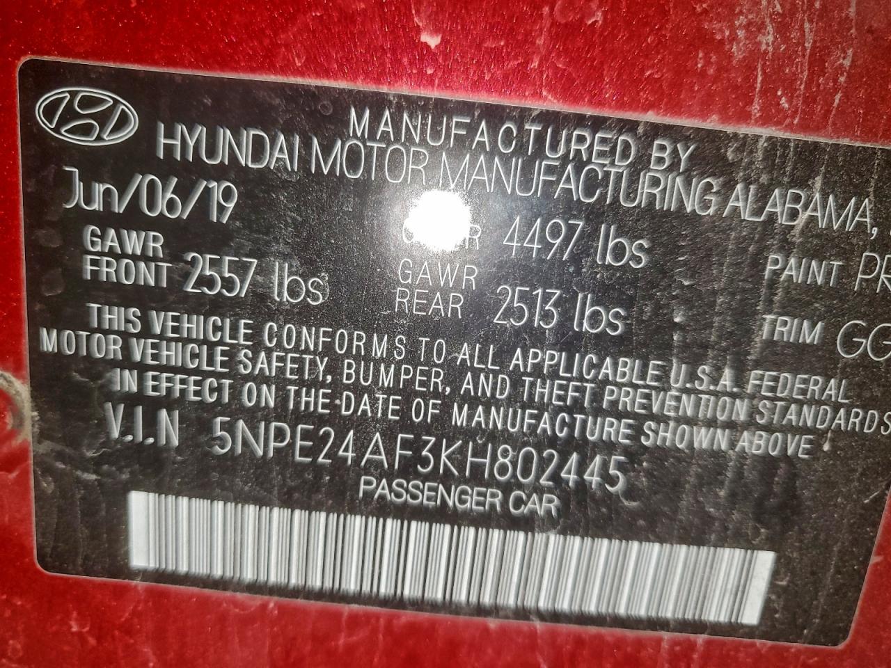 2019 Hyundai Sonata Se VIN: 5NPE24AF3KH802445 Lot: 95297815