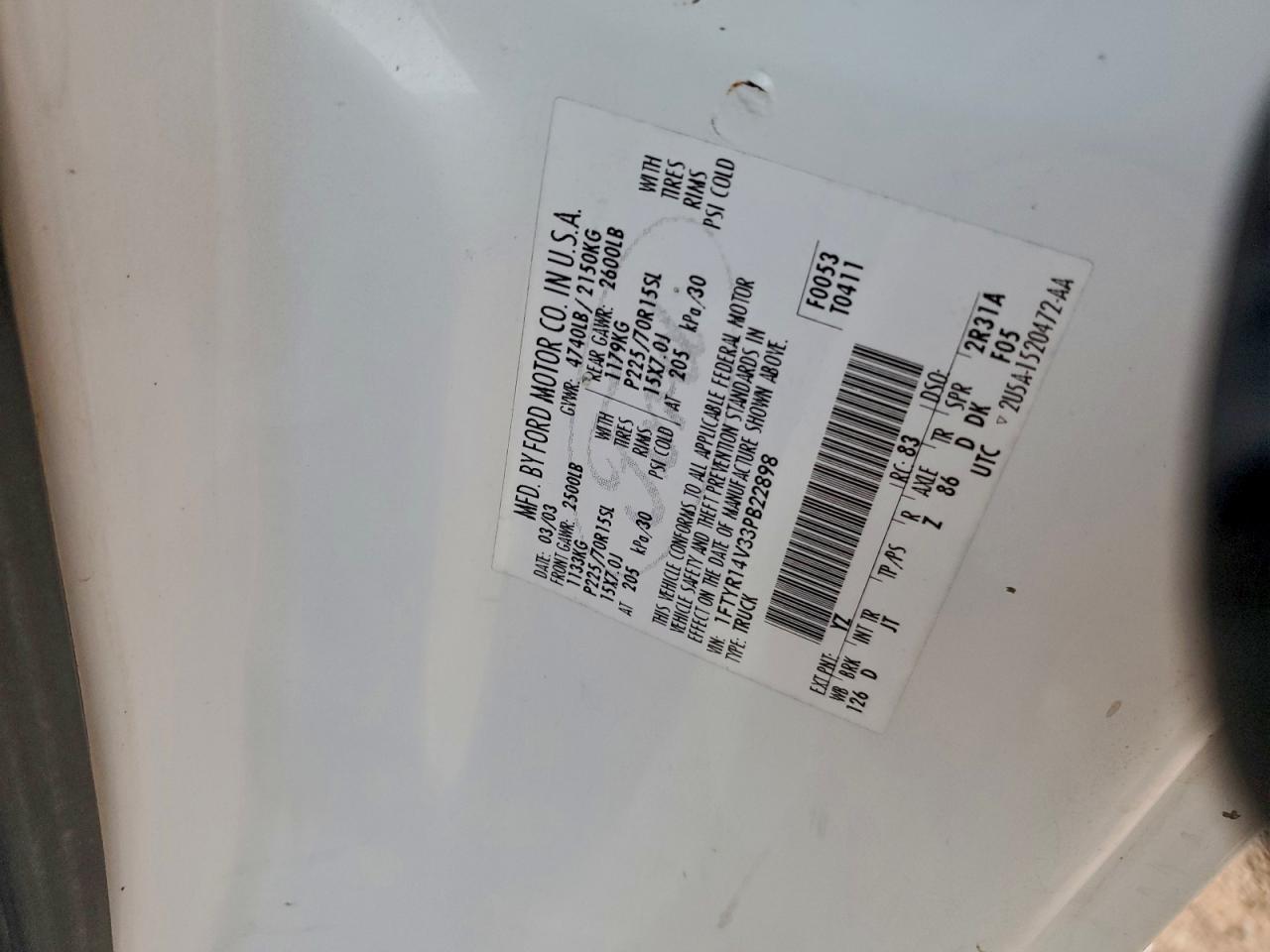 2003 Ford Ranger Super Cab VIN: 1FTYR14V33PB22898 Lot: 94190205