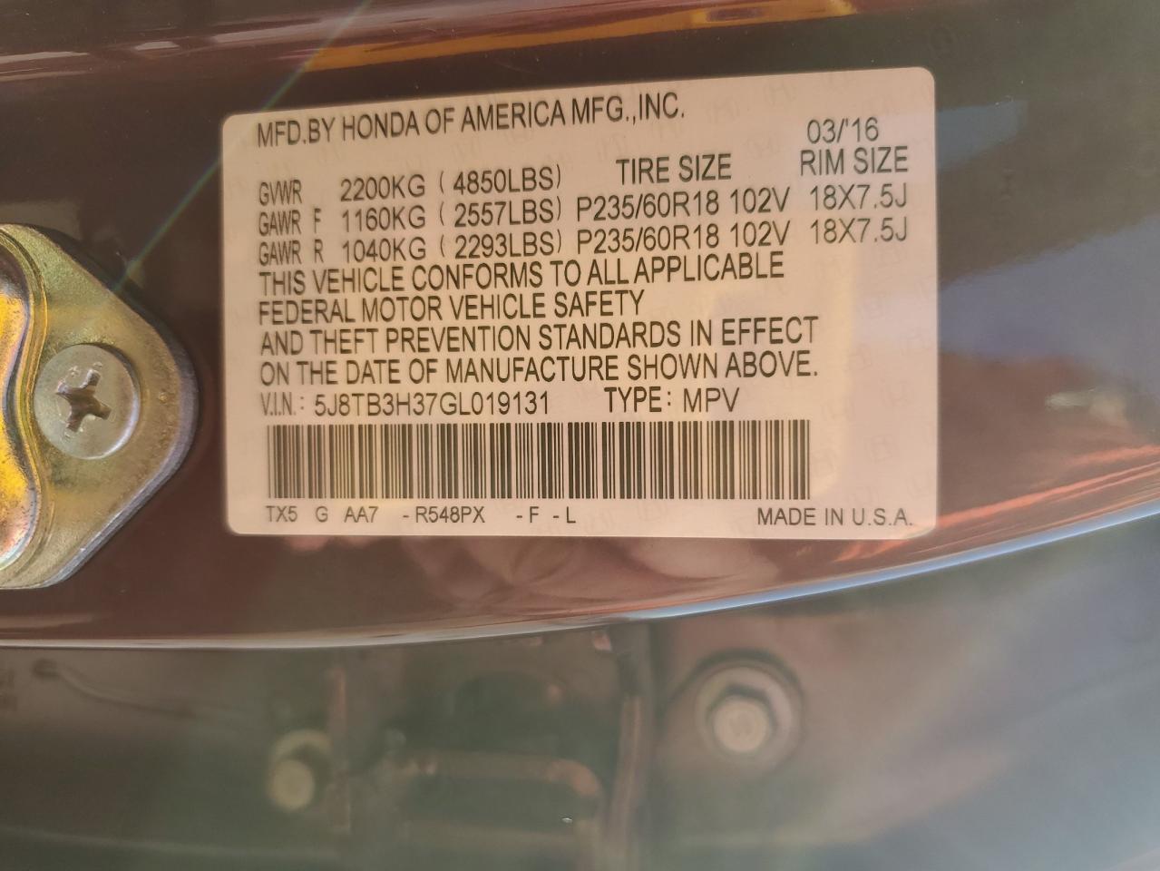 2016 Acura Rdx VIN: 5J8TB3H37GL019131 Lot: 85437425