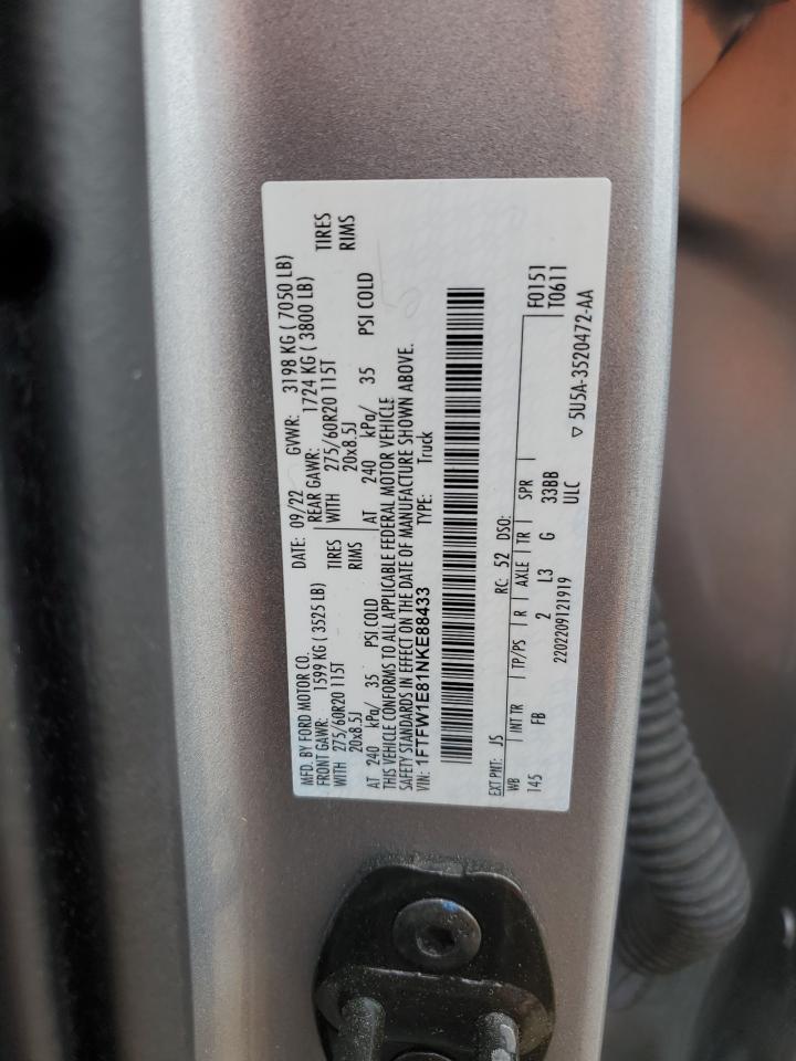 2022 Ford F150 Supercrew VIN: 1FTFW1E81NKE88433 Lot: 91595125