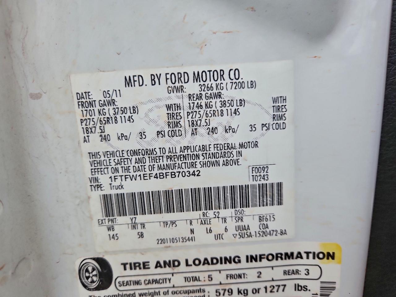 2011 Ford F150 Supercrew VIN: 1FTFW1EF4BFB70342 Lot: 93927695