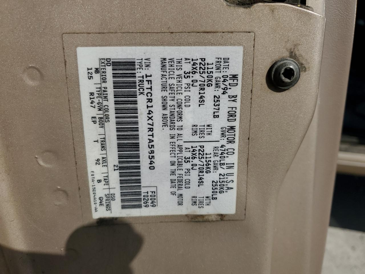 1994 Ford Ranger Super Cab VIN: 1FTCR14X7RTA58540 Lot: 91186485