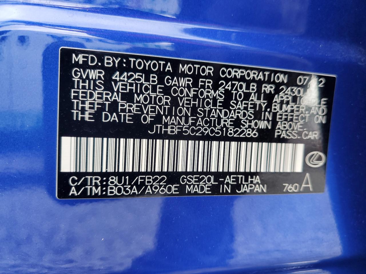 2012 Lexus Is 250 VIN: JTHBF5C29C5182286 Lot: 91702975