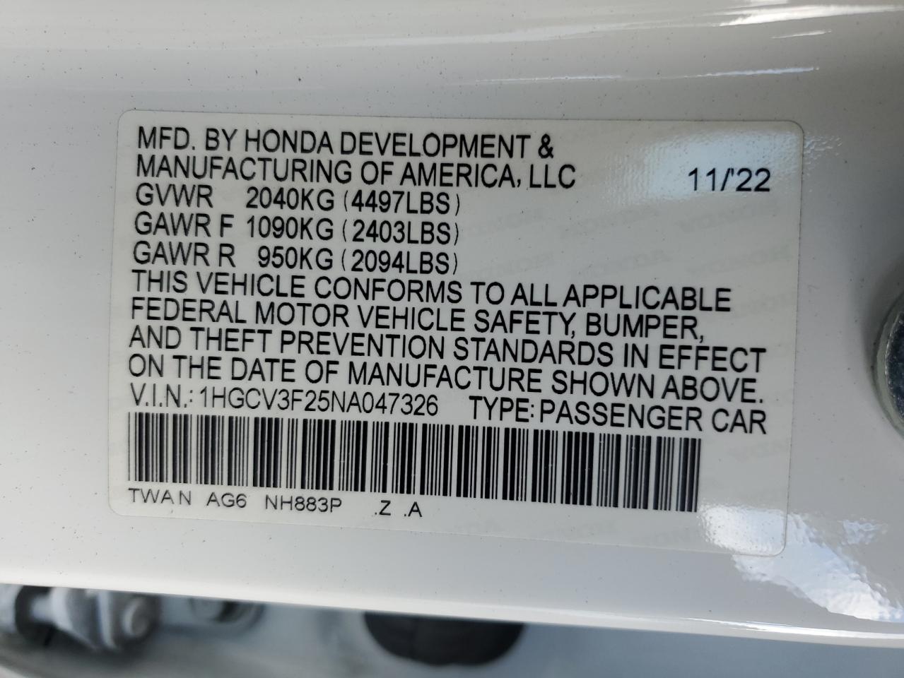 2022 Honda Accord Hybrid Sport VIN: 1HGCV3F25NA047326 Lot: 92739755