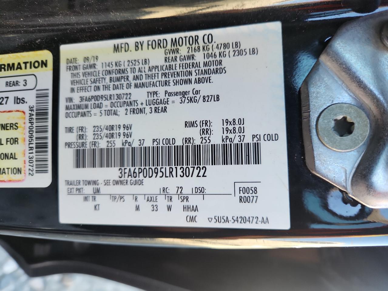 2020 Ford Fusion Titanium VIN: 3FA6P0D95LR130722 Lot: 92461825