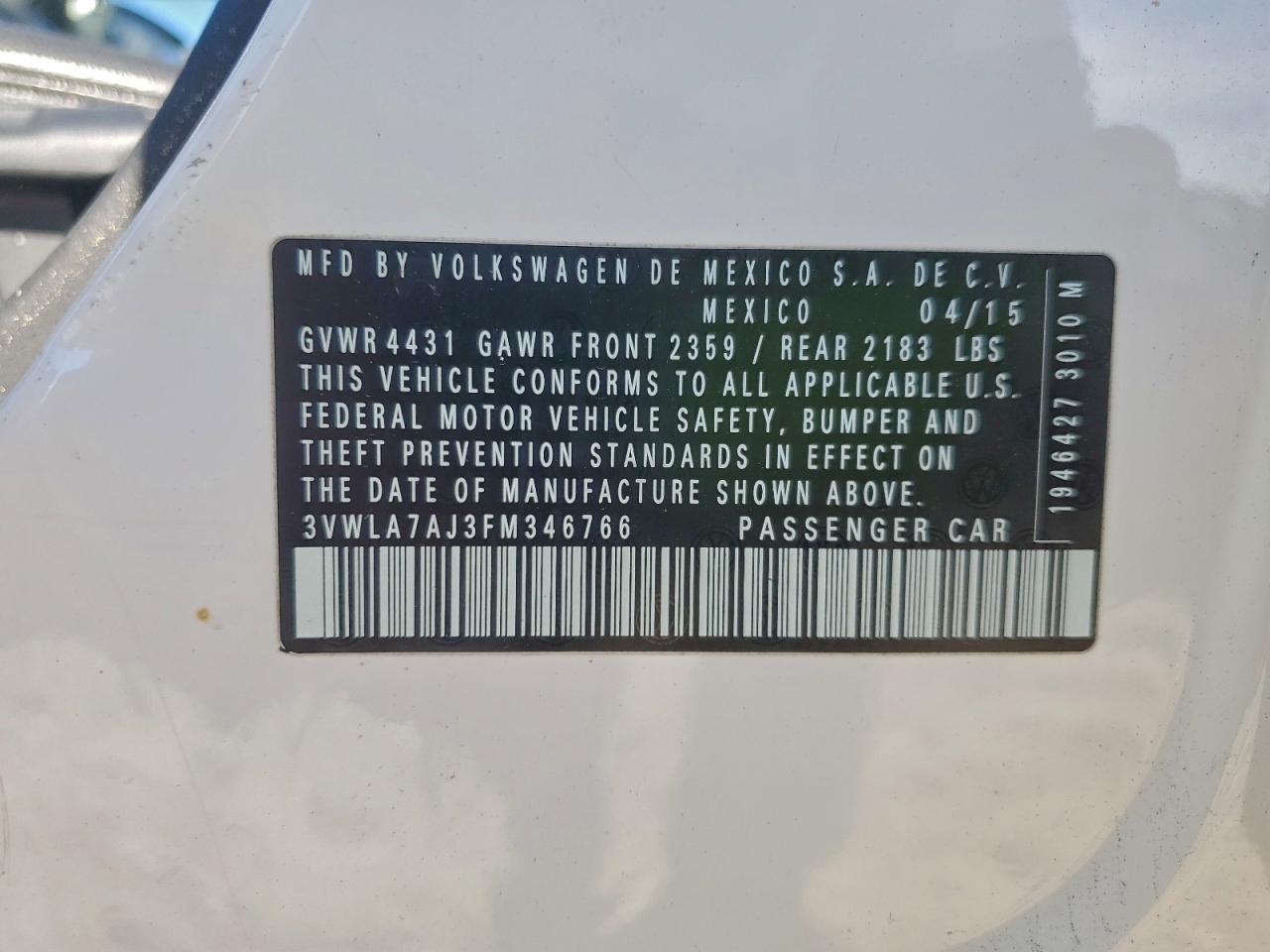 2015 Volkswagen Jetta Tdi VIN: 3VWLA7AJ3FM346766 Lot: 94390585