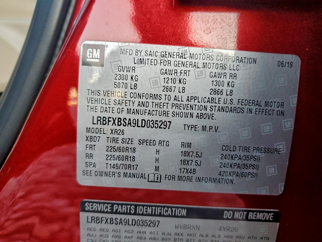 2020 Buick Envision Preferred VIN: LRBFXBSA9LD035297 Lot: 94330085