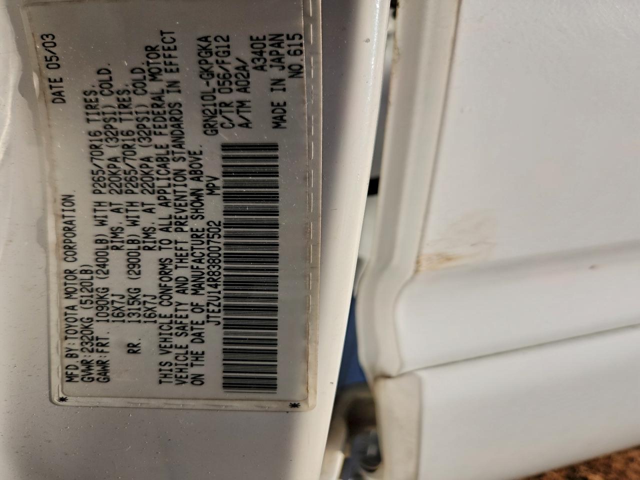 2003 Toyota 4Runner Sr5 VIN: JTEZU14R838007502 Lot: 94643625