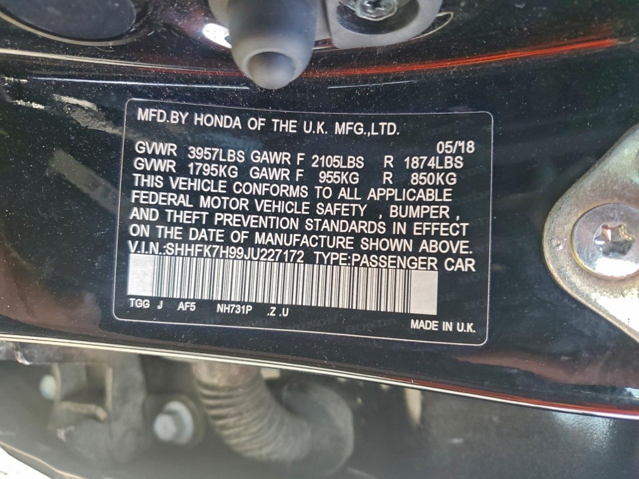 2018 Honda Civic Sport Touring VIN: SHHFK7H99JU227172 Lot: 94589265