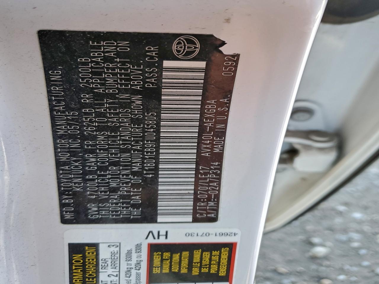 2015 Toyota Avalon Hybrid VIN: 4T1BD1EB9FU045805 Lot: 94190895