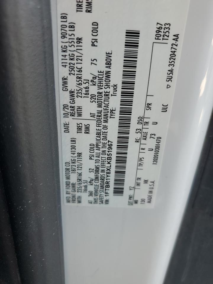2020 Ford Transit T-250 VIN: 1FTBR1Y8XLKB51967 Lot: 86833075