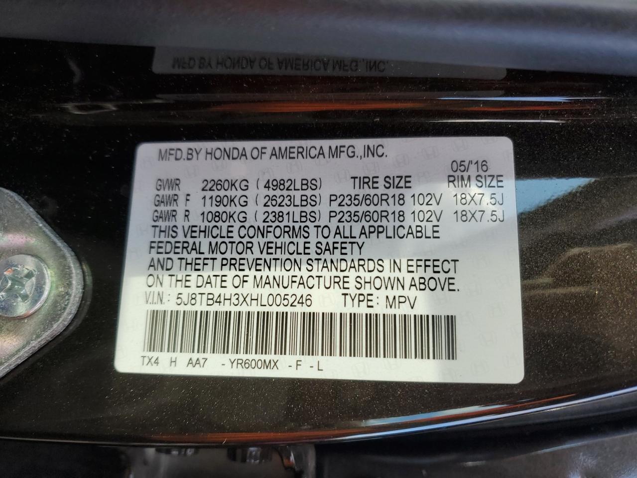 2017 Acura Rdx VIN: 5J8TB4H3XHL005246 Lot: 92414965