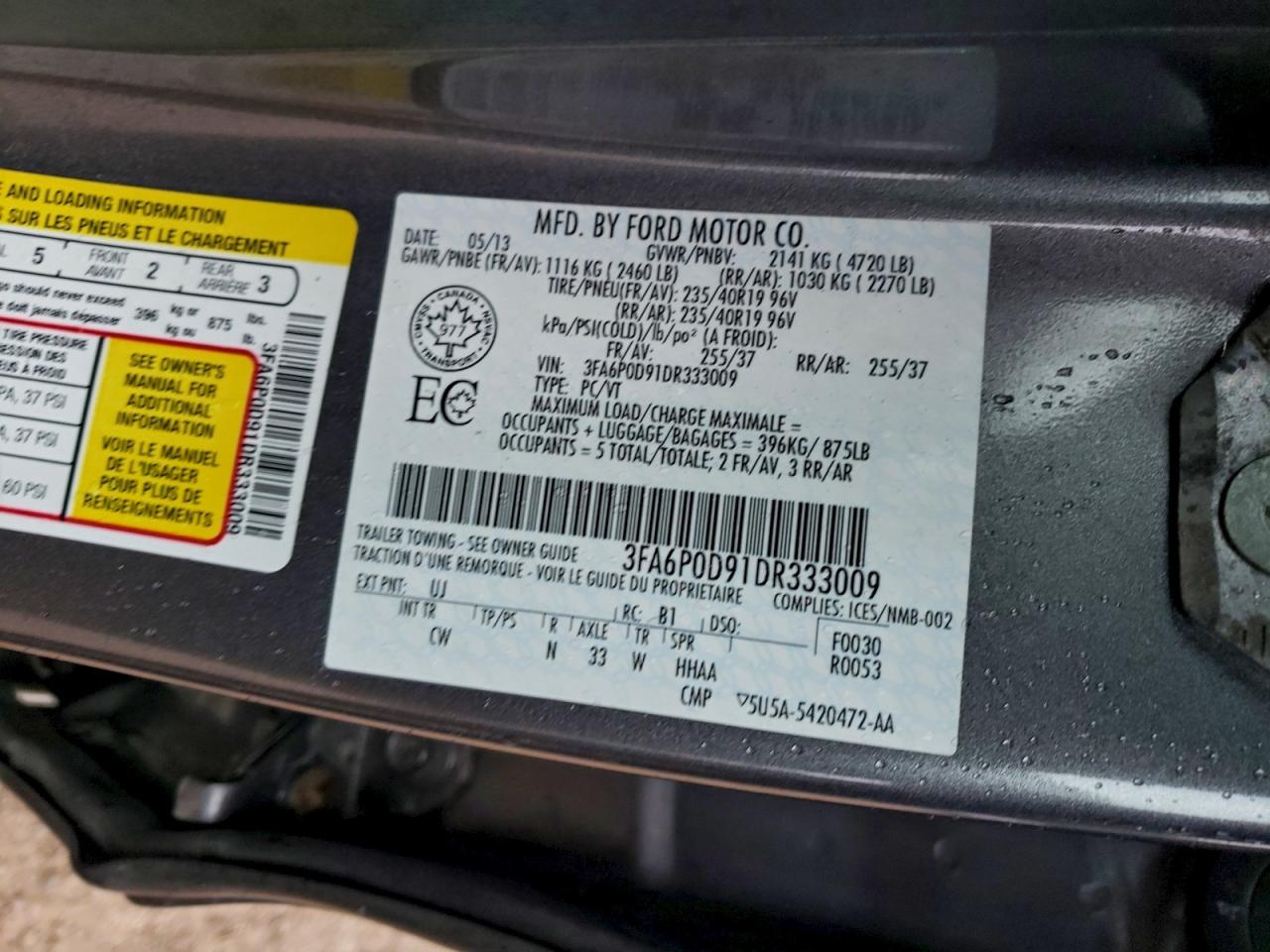 2013 Ford Fusion Titanium VIN: 3FA6P0D91DR333009 Lot: 93934795