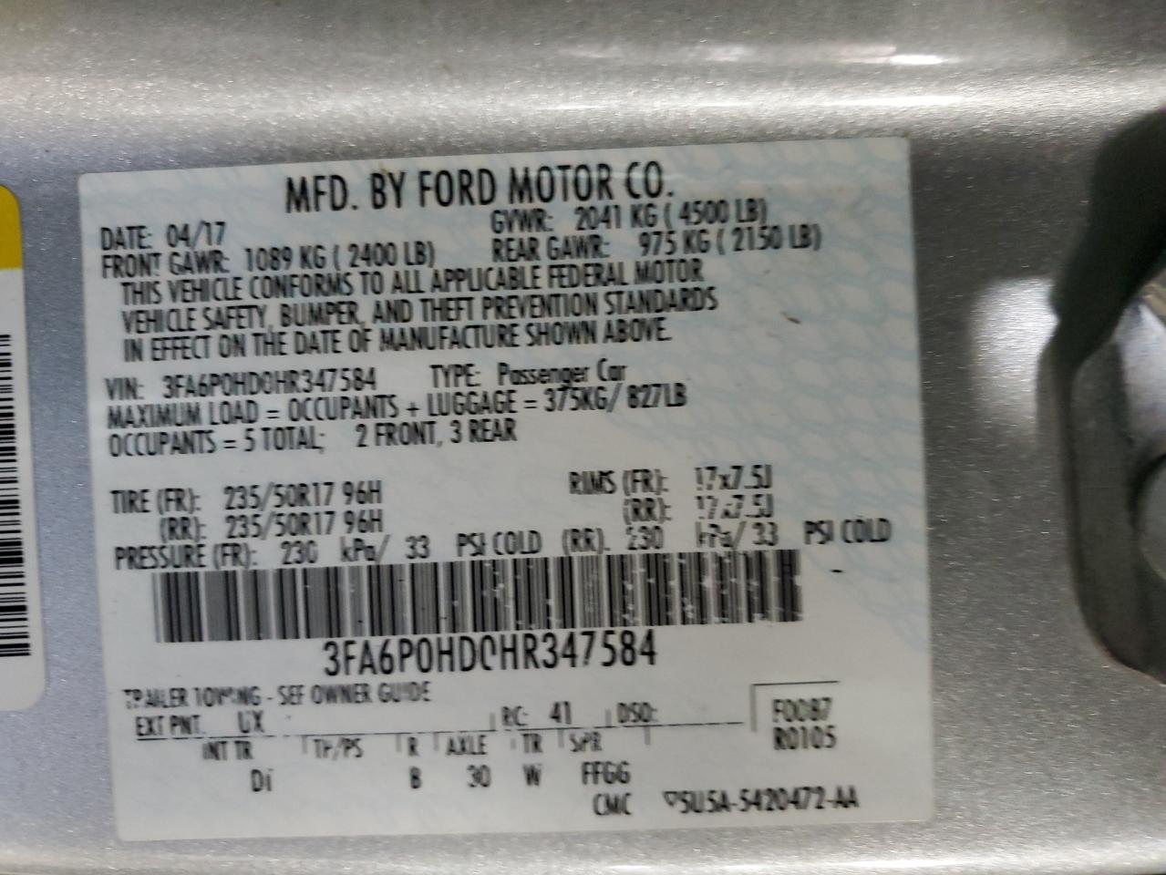 2017 Ford Fusion Se VIN: 3FA6P0HD0HR347584 Lot: 91897055