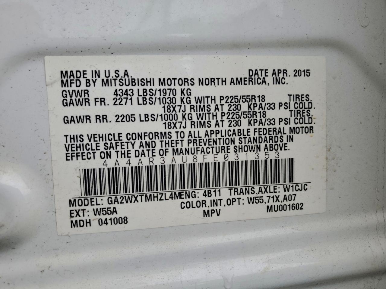 2015 Mitsubishi Outlander Sport Es VIN: 4A4AR3AU8FE031353 Lot: 94089115