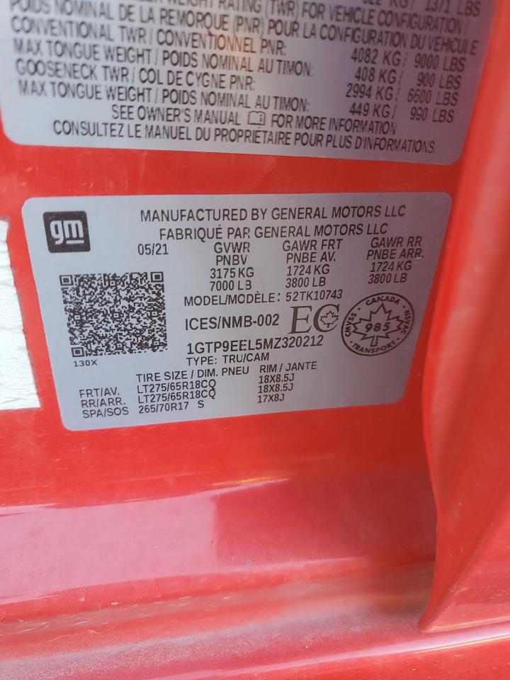 2021 GMC Sierra K1500 At4 VIN: 1GTP9EEL5MZ320212 Lot: 92227395