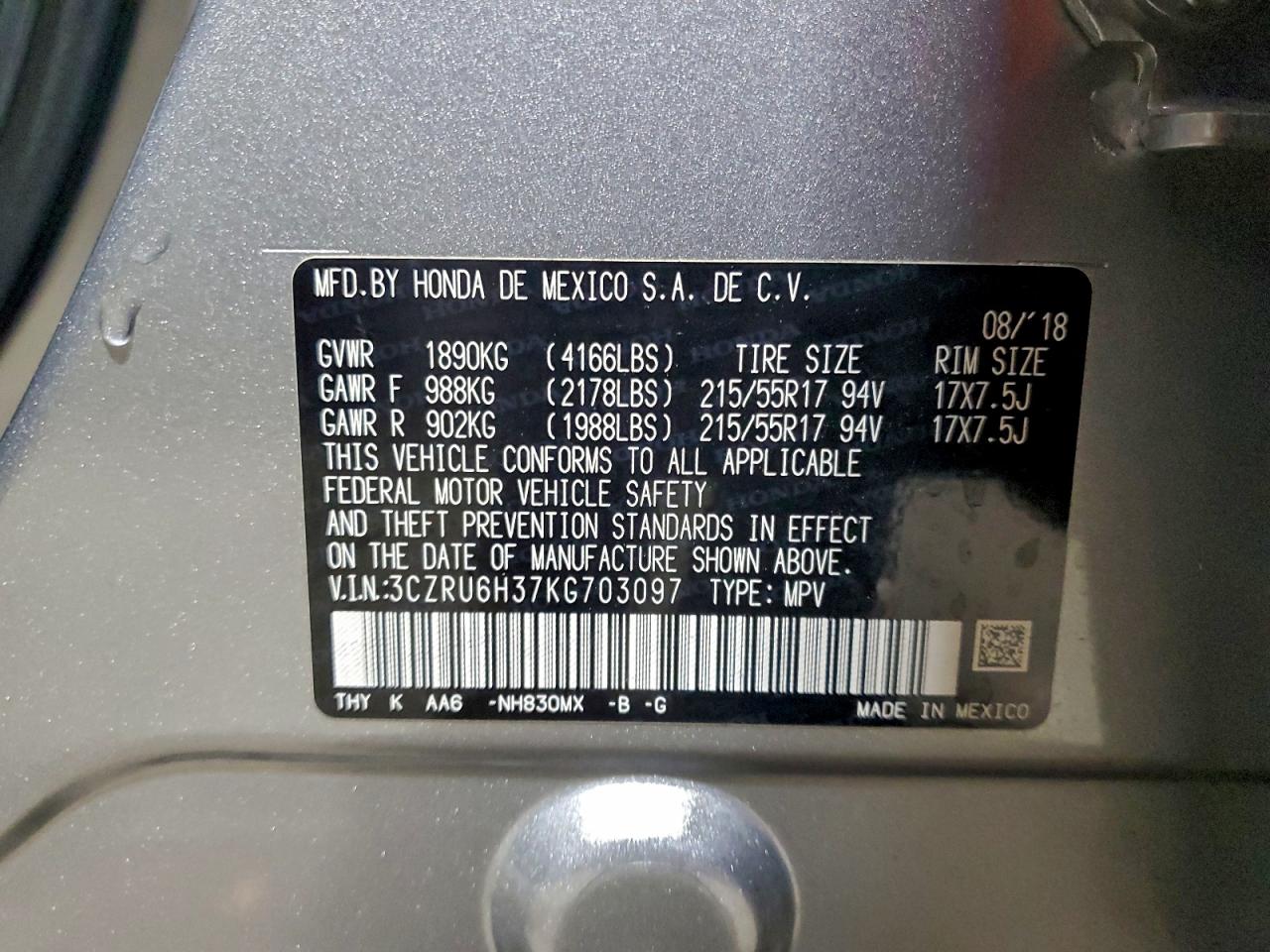 2019 Honda Hr-V Lx VIN: 3CZRU6H37KG703097 Lot: 94495625