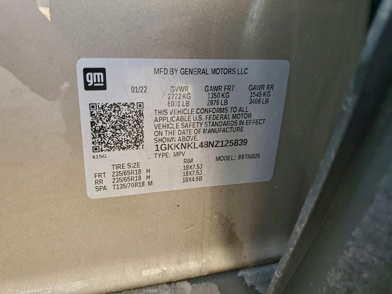 2022 GMC Acadia Sle VIN: 1GKKNKL48NZ125839 Lot: 93345745